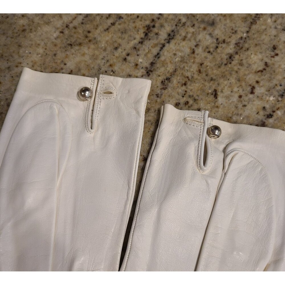 Vintage Women Size M 7 Off-White Soft Kid Leather Formal 8" Gloves Pearly Button - Picture 9 of 14
